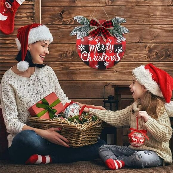 Christmas Buffalo Plaid Wreath Decoration - 1pc Double Sided Wooden - Picture 6 of 7